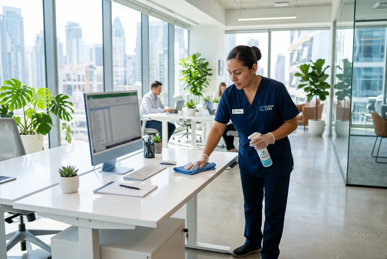 Professional cleaner wiping office desk