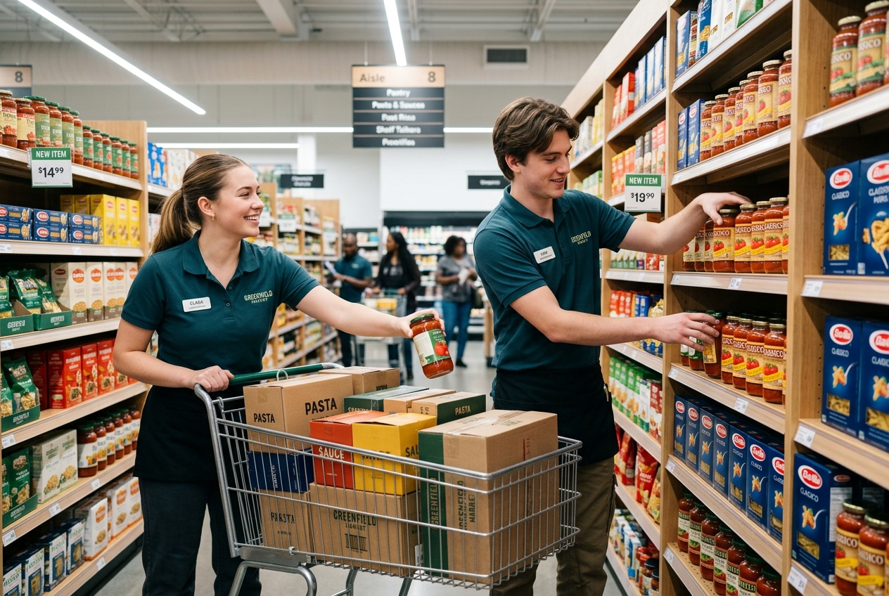 Retail team restocking supermarket aisle